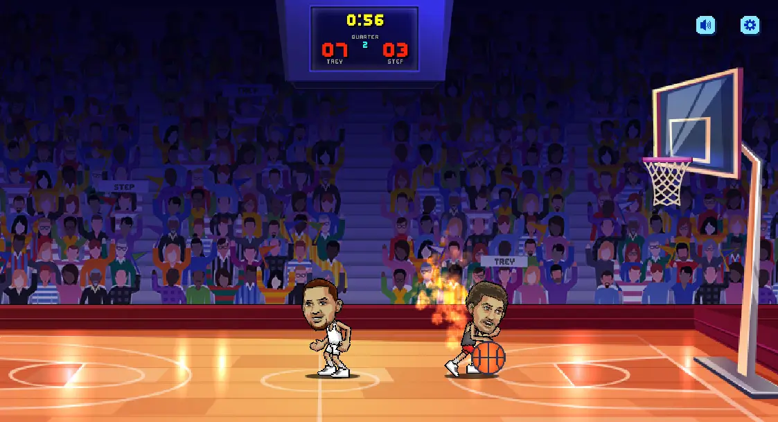 Cartoon basketball players dunking on a colorful court in BasketBros Unblocked online game