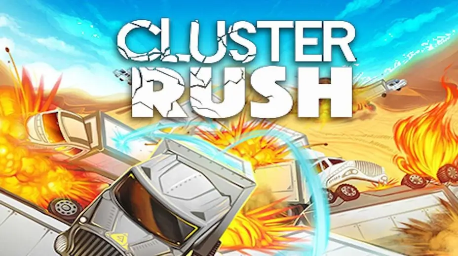 Cluster Rush Unblocked gameplay with a player jumping between speeding trucks on a chaotic road.