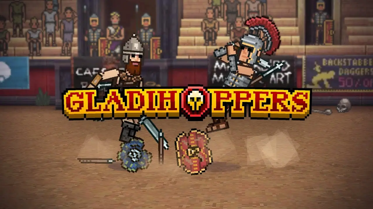 Gladihoppers Unblocked gameplay with ragdoll gladiators jumping and fighting in a 2D arena.