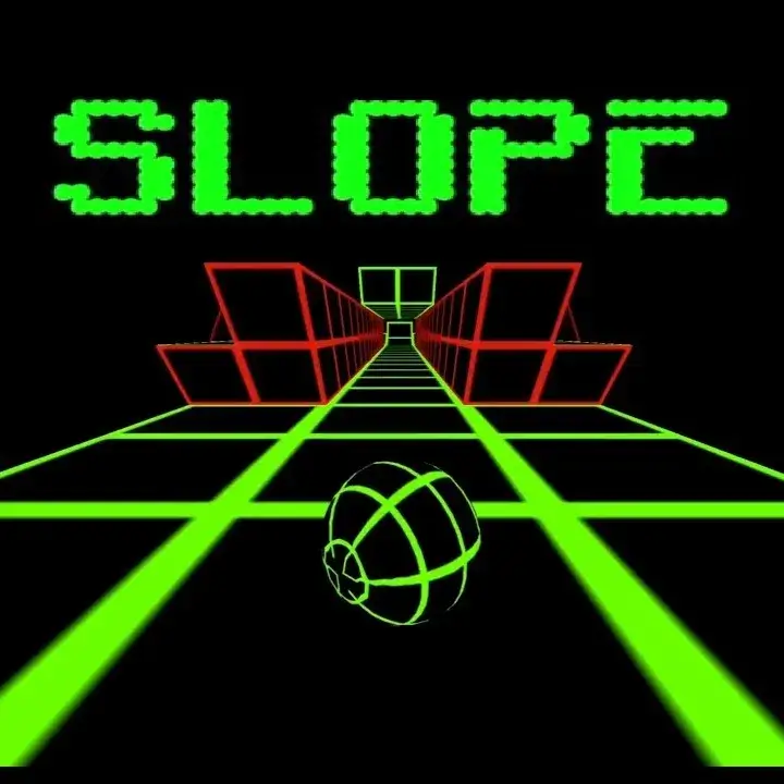 Green ball rolling down a neon grid in the game Slope Unblocked.